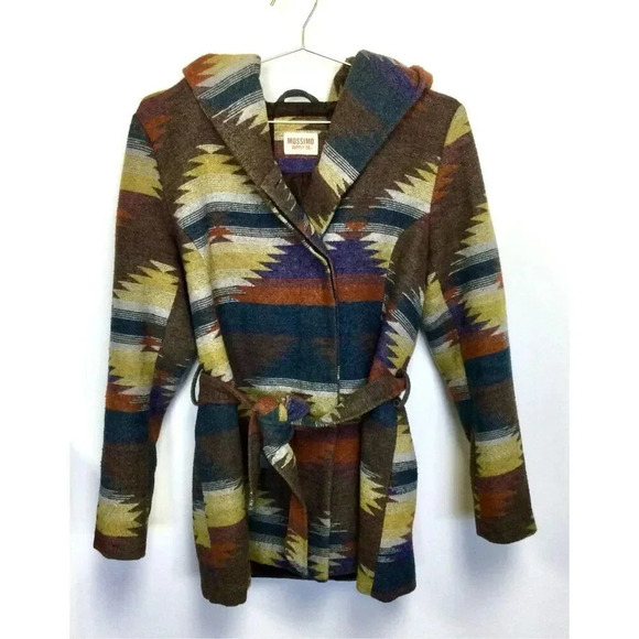 Vintage Mossimo Womens Multicolor Western Aztec Hooded Belted Jacket Medium - Picture 2 of 11